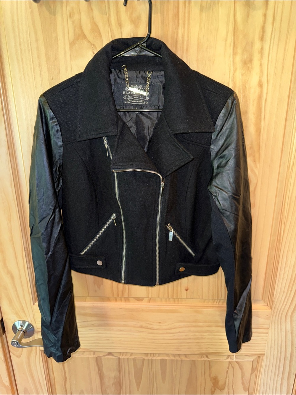 Blank NYC Black Mixed-Media Moto Jacket with Leather Sleeves